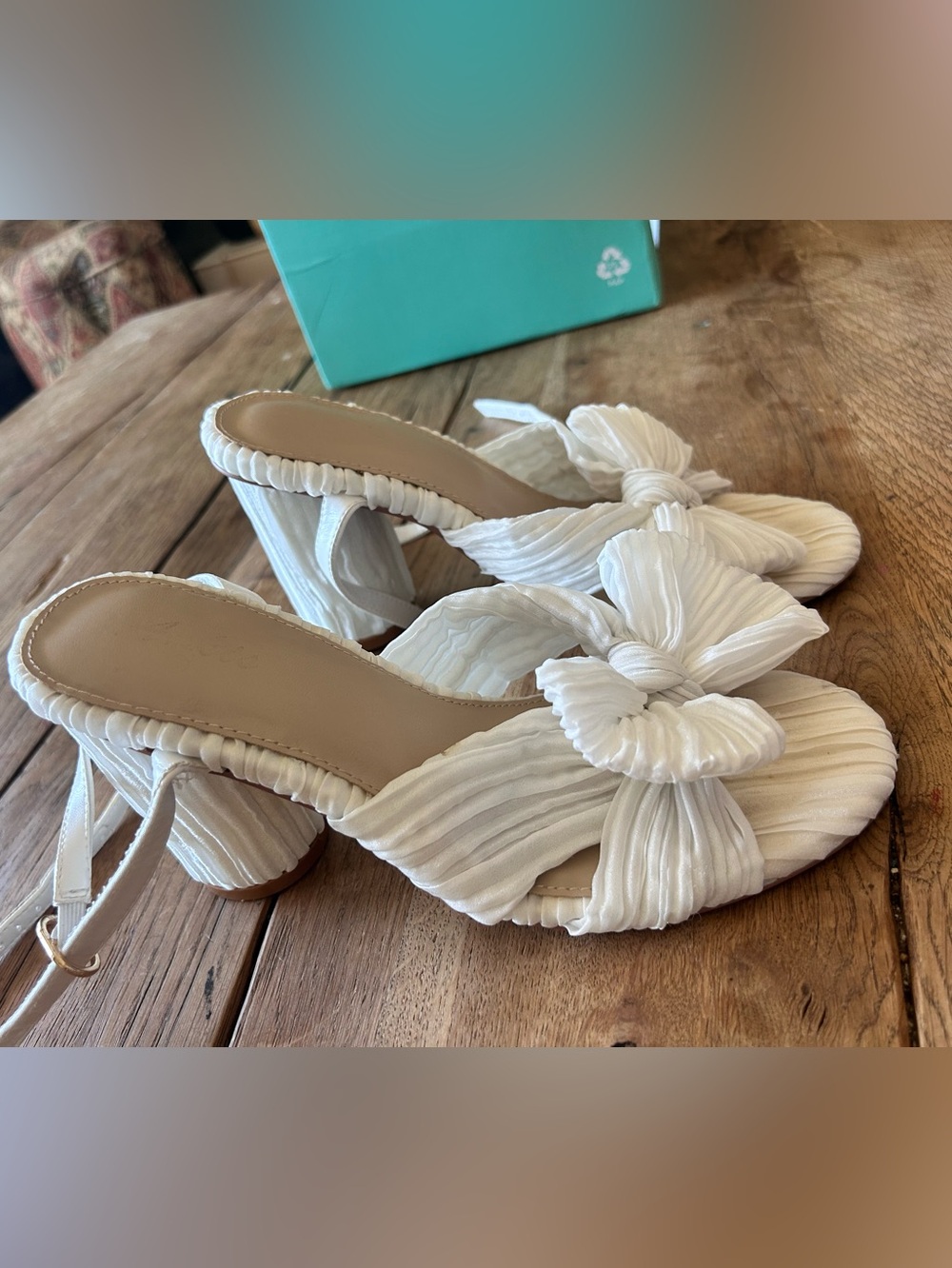 Amazon White Pleated Knot Block Heel bridal Mules- worn once